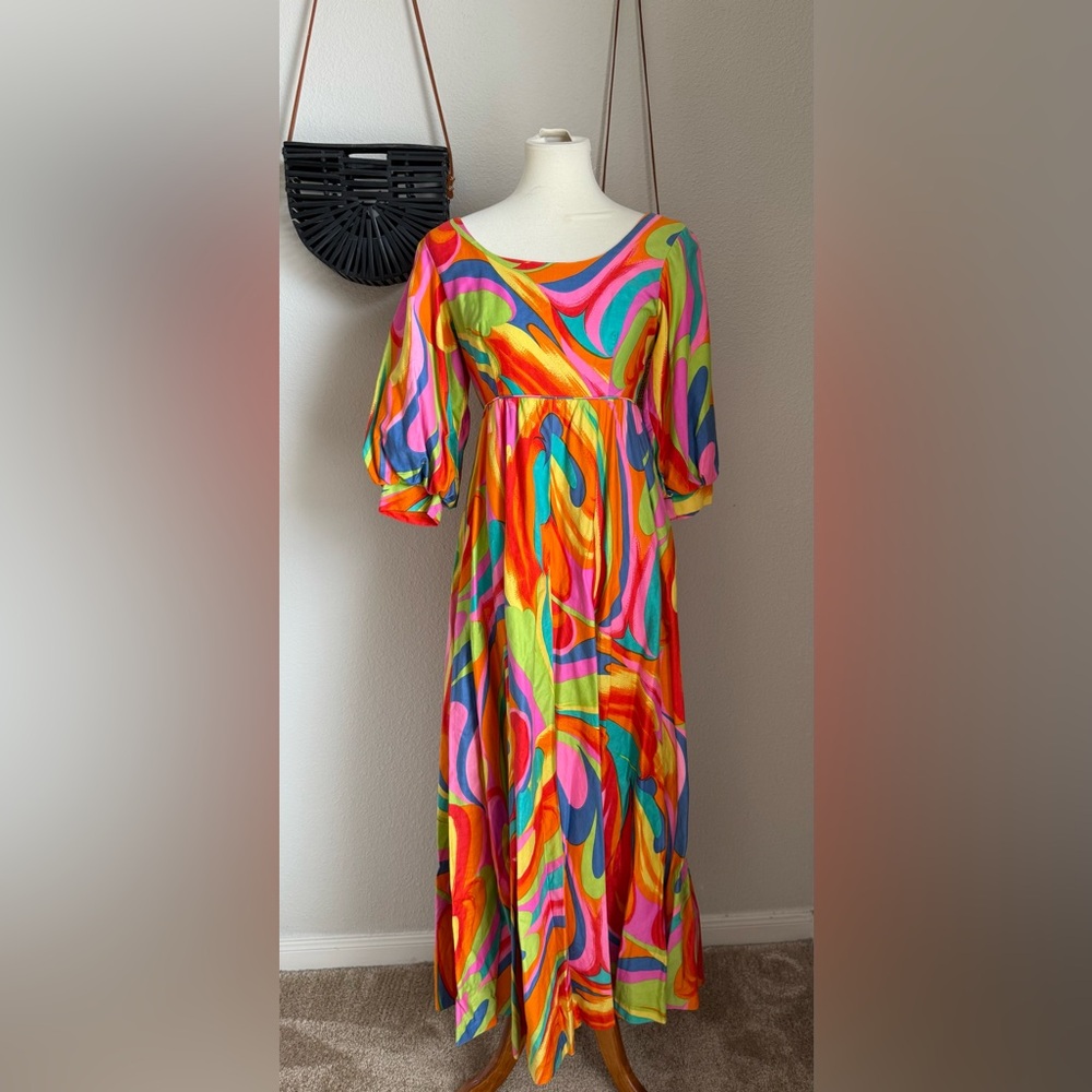 Vintage 1960s Keone Sportswear Hawaii Swirl Maxi Dress, Size 13/14